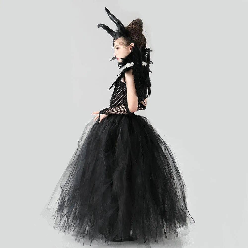 Children's costume Halloween cosplay girls' mesh princess dress cartoon with black feathers and corner decorations 5-piece set