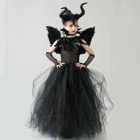 Children's costume Halloween cosplay girls' mesh princess dress cartoon with black feathers and corner decorations 5-piece set