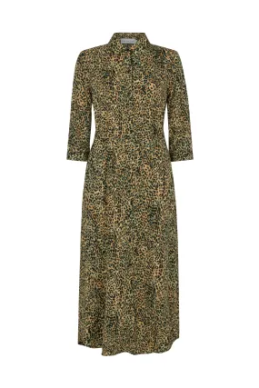 Claire Button Down Leopard Print Midi Dress In Green