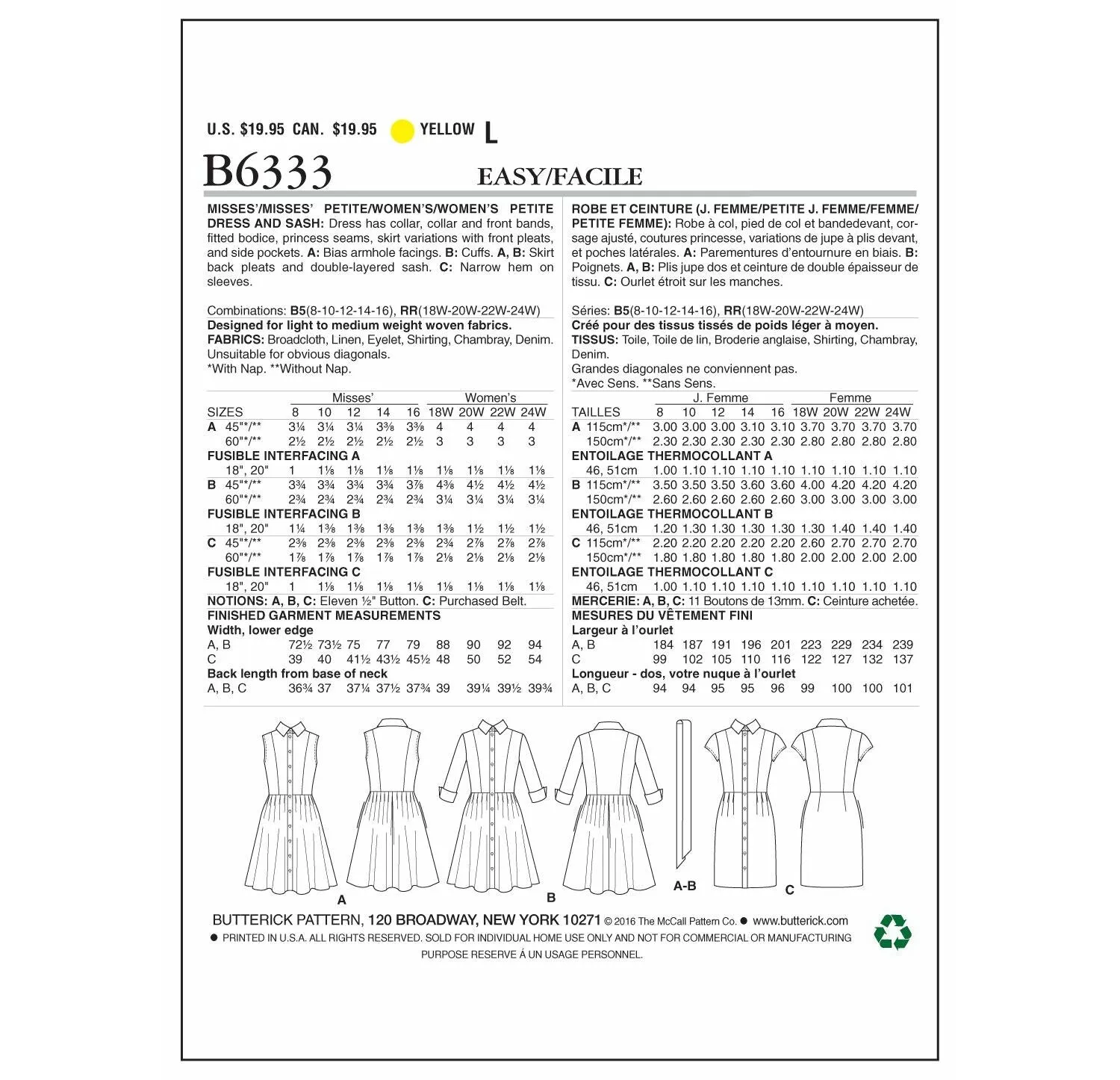 CLEARANCE • Butterick Pattern B6333 Shirtdress & Sash (Misses'/Miss Petite/Women's/Women Petite)