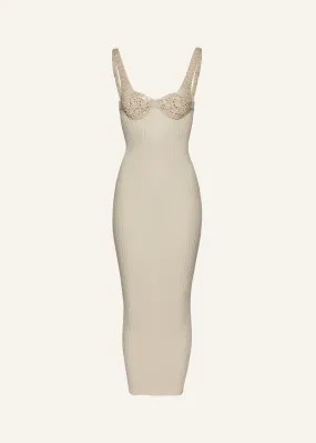 Crochet bra ribbed knit dress in cream