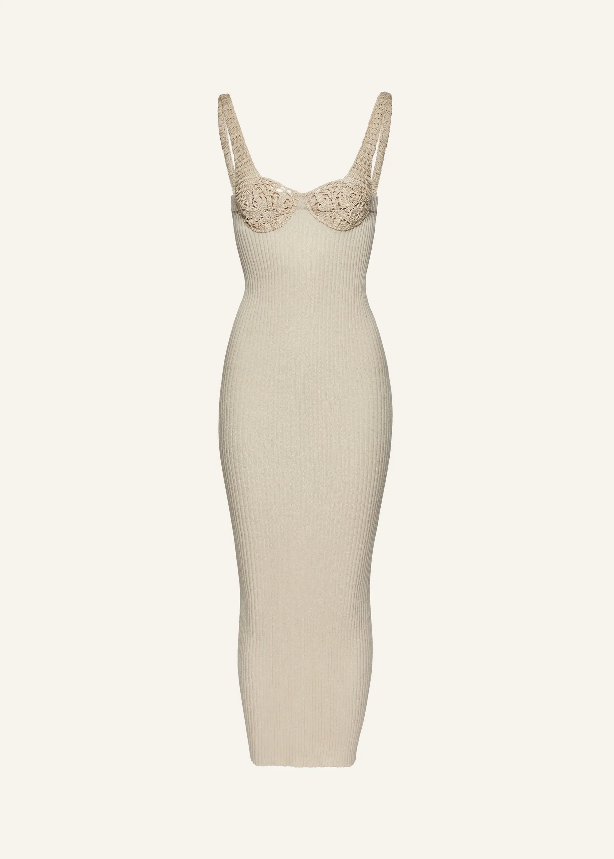 Crochet bra ribbed knit dress in cream