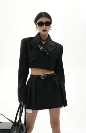 Cropped Blazer with Collar Belt Strap and Pleated Mini Skirt Two-Piece Set