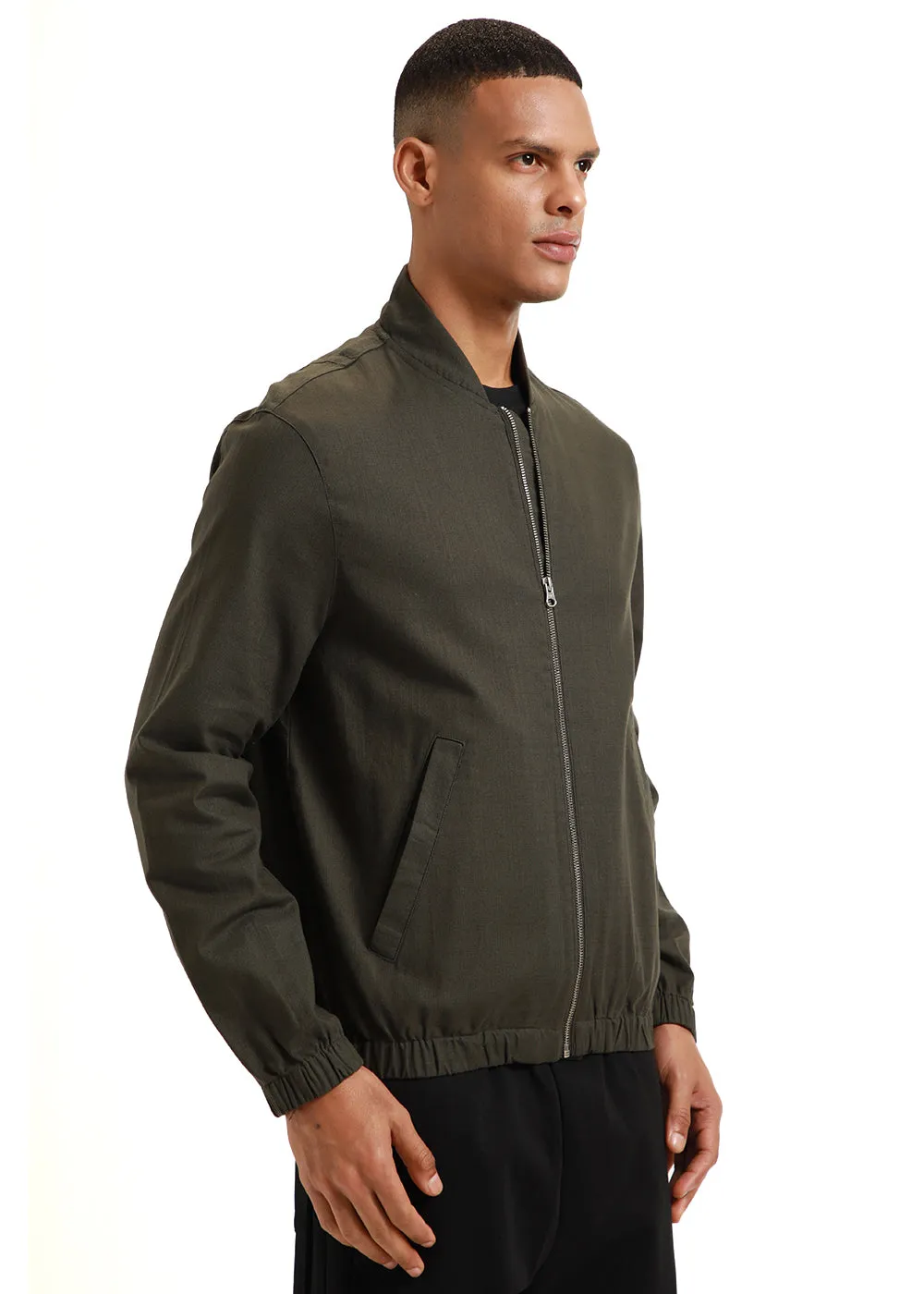 Deep Olive Green Bomber Linen Jacket