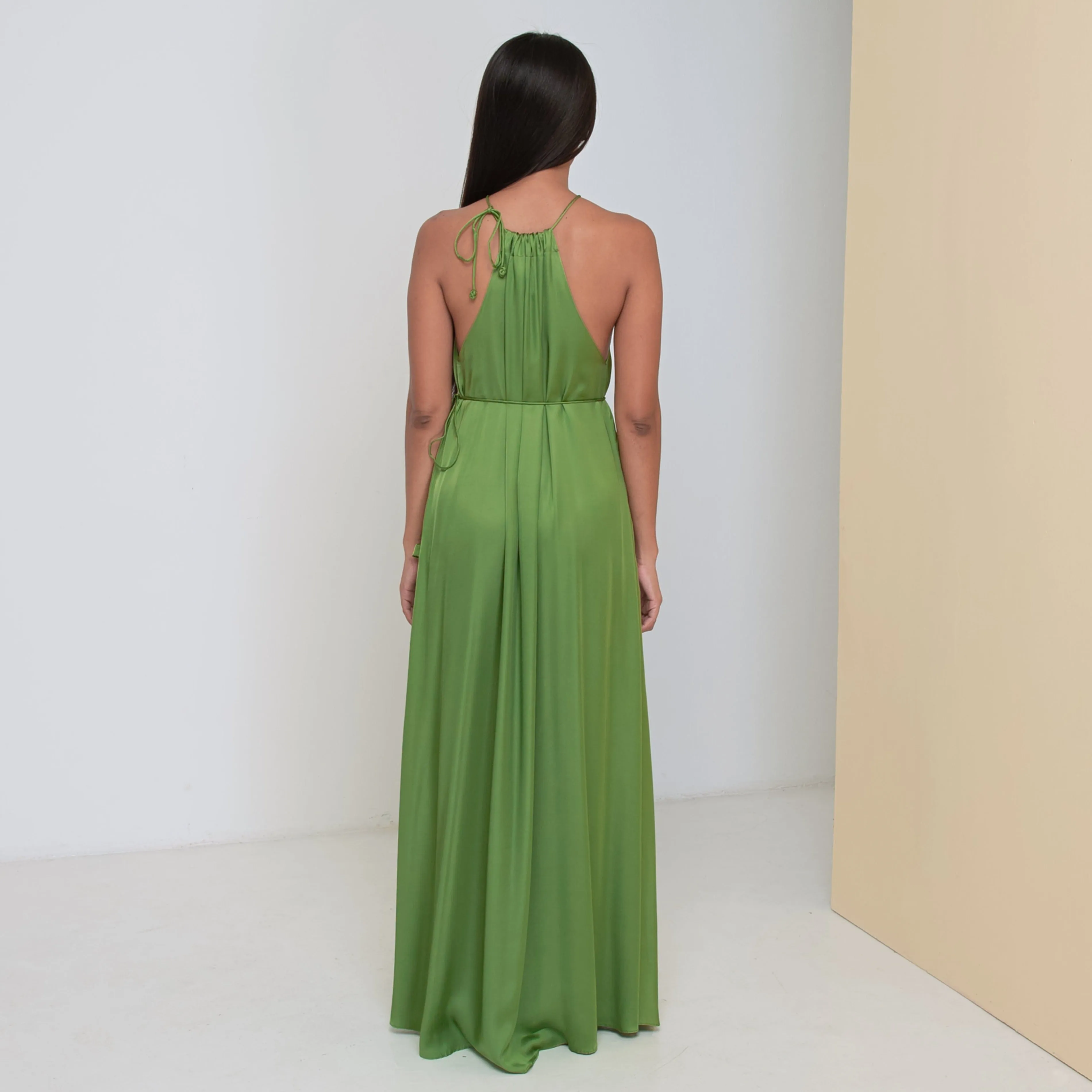 DEEP V LONG HALTER DRESS - Rayon Viscose Satin | Moss Green