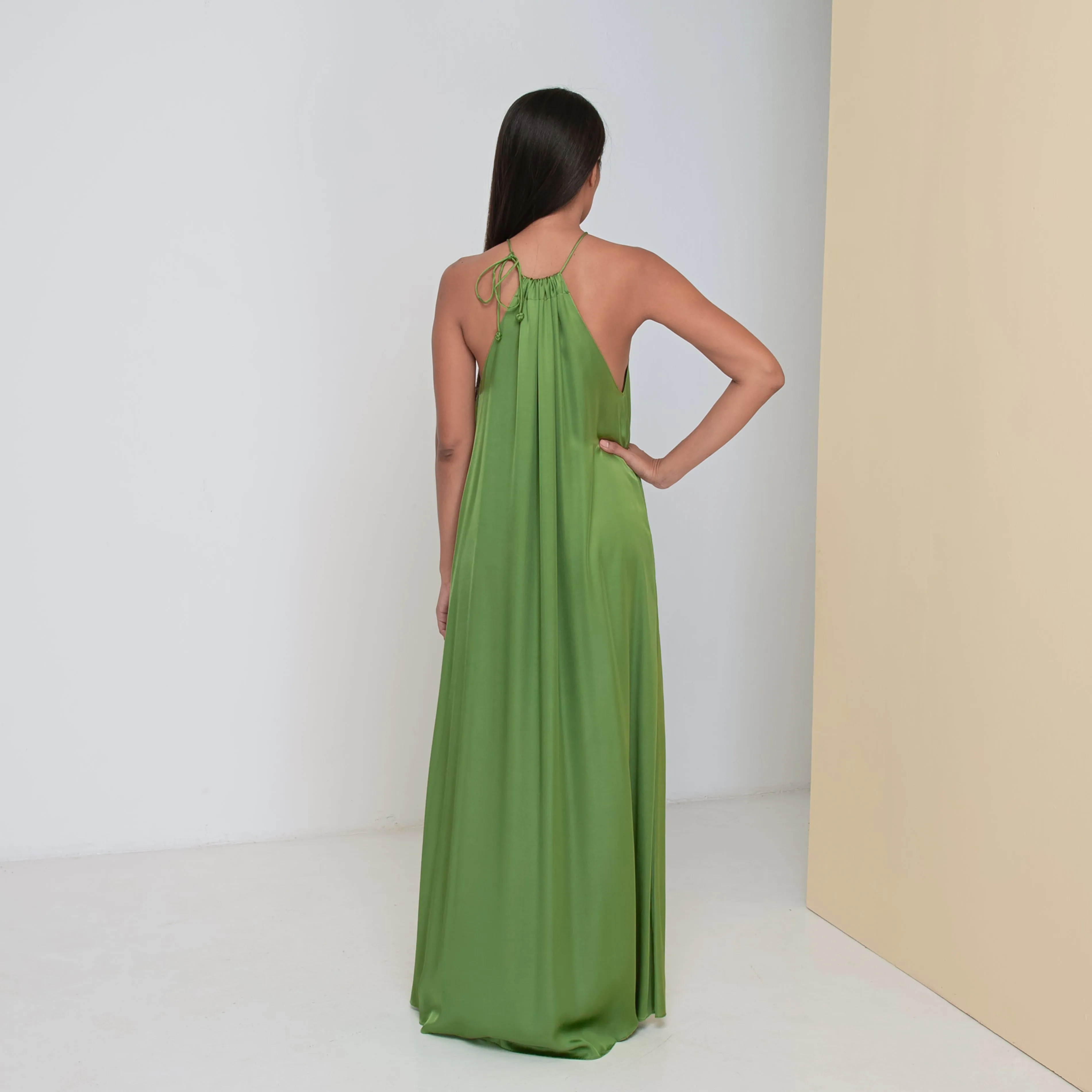 DEEP V LONG HALTER DRESS - Rayon Viscose Satin | Moss Green