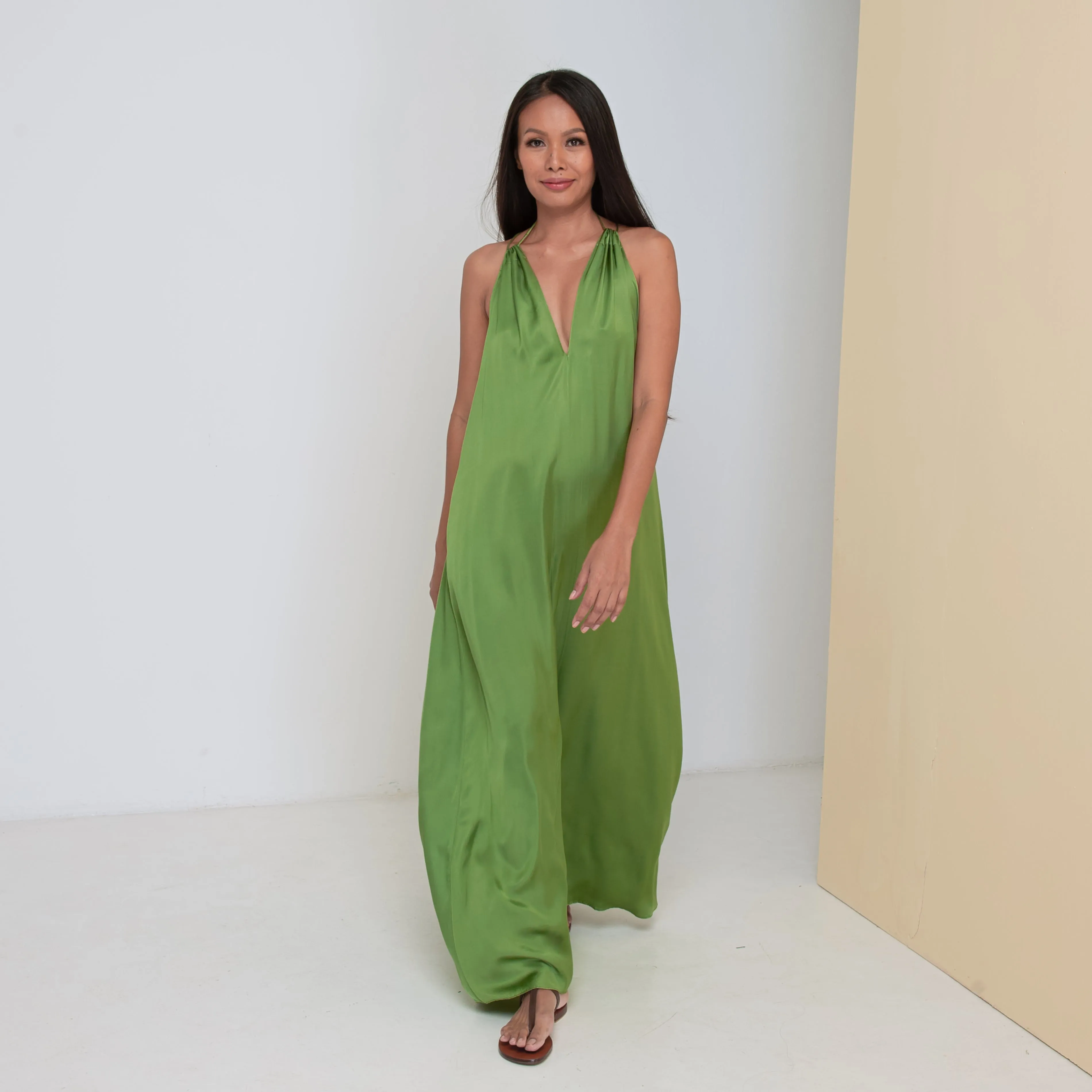 DEEP V LONG HALTER DRESS - Rayon Viscose Satin | Moss Green