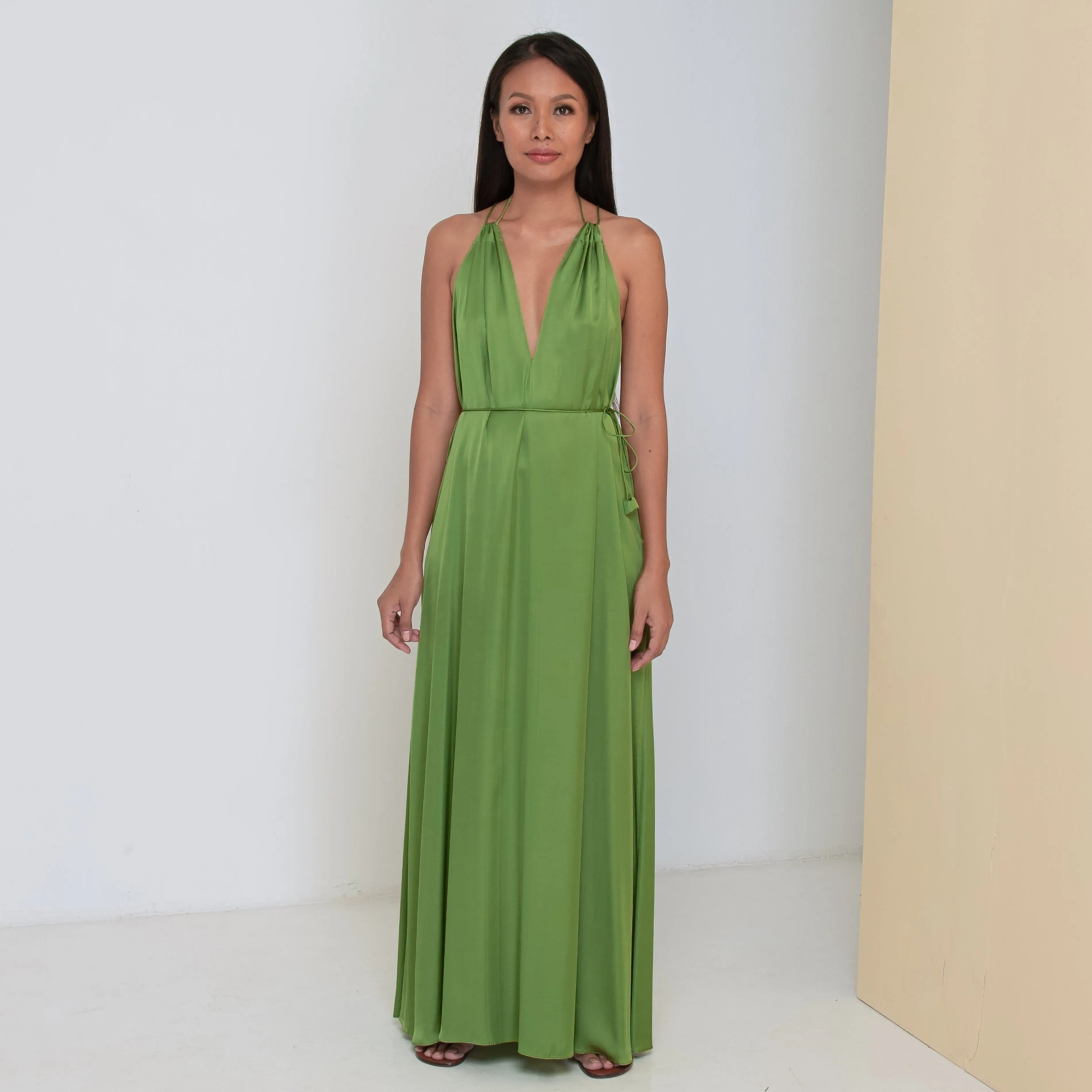 DEEP V LONG HALTER DRESS - Rayon Viscose Satin | Moss Green