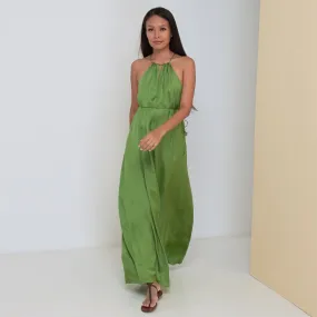 DEEP V LONG HALTER DRESS - Rayon Viscose Satin | Moss Green