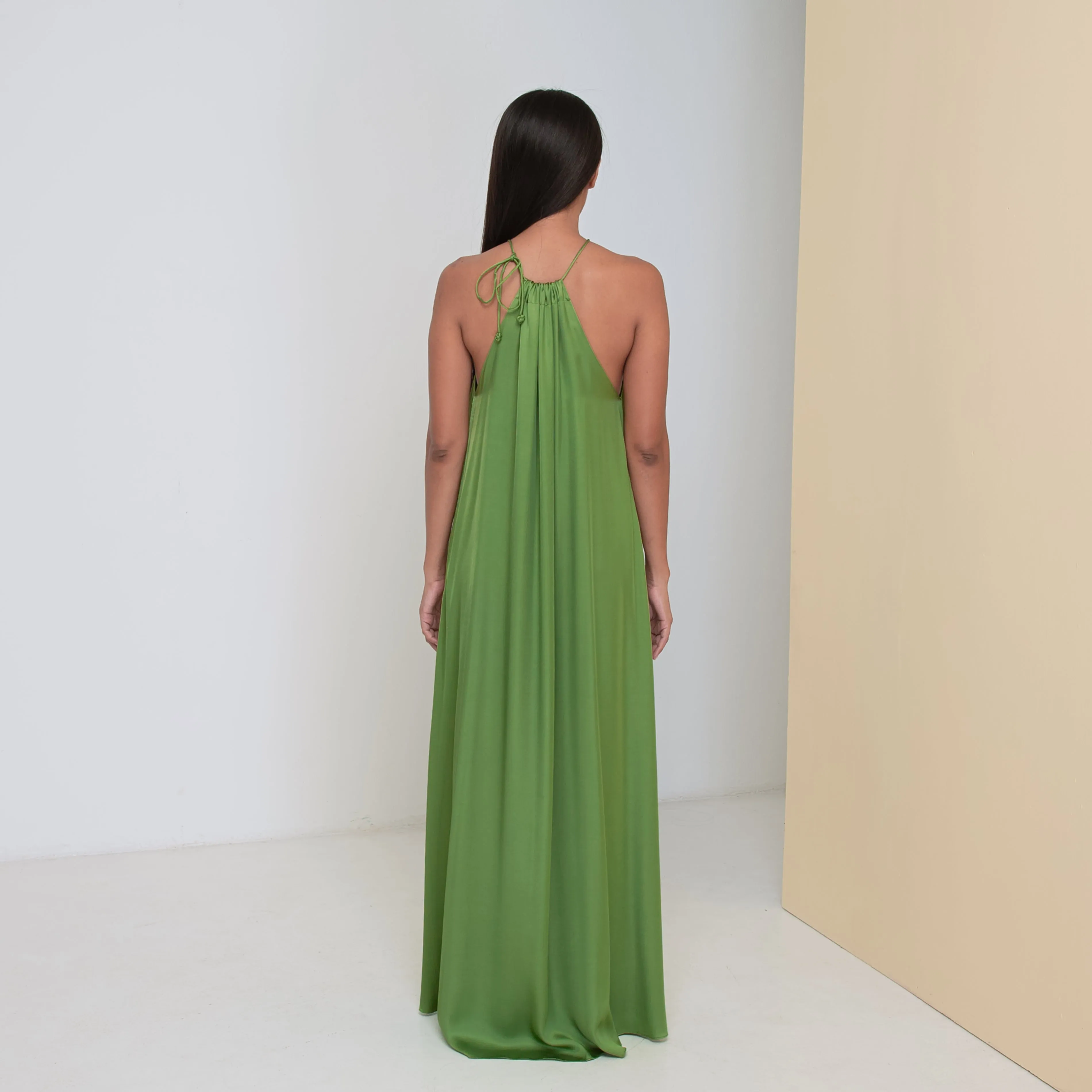 DEEP V LONG HALTER DRESS - Rayon Viscose Satin | Moss Green