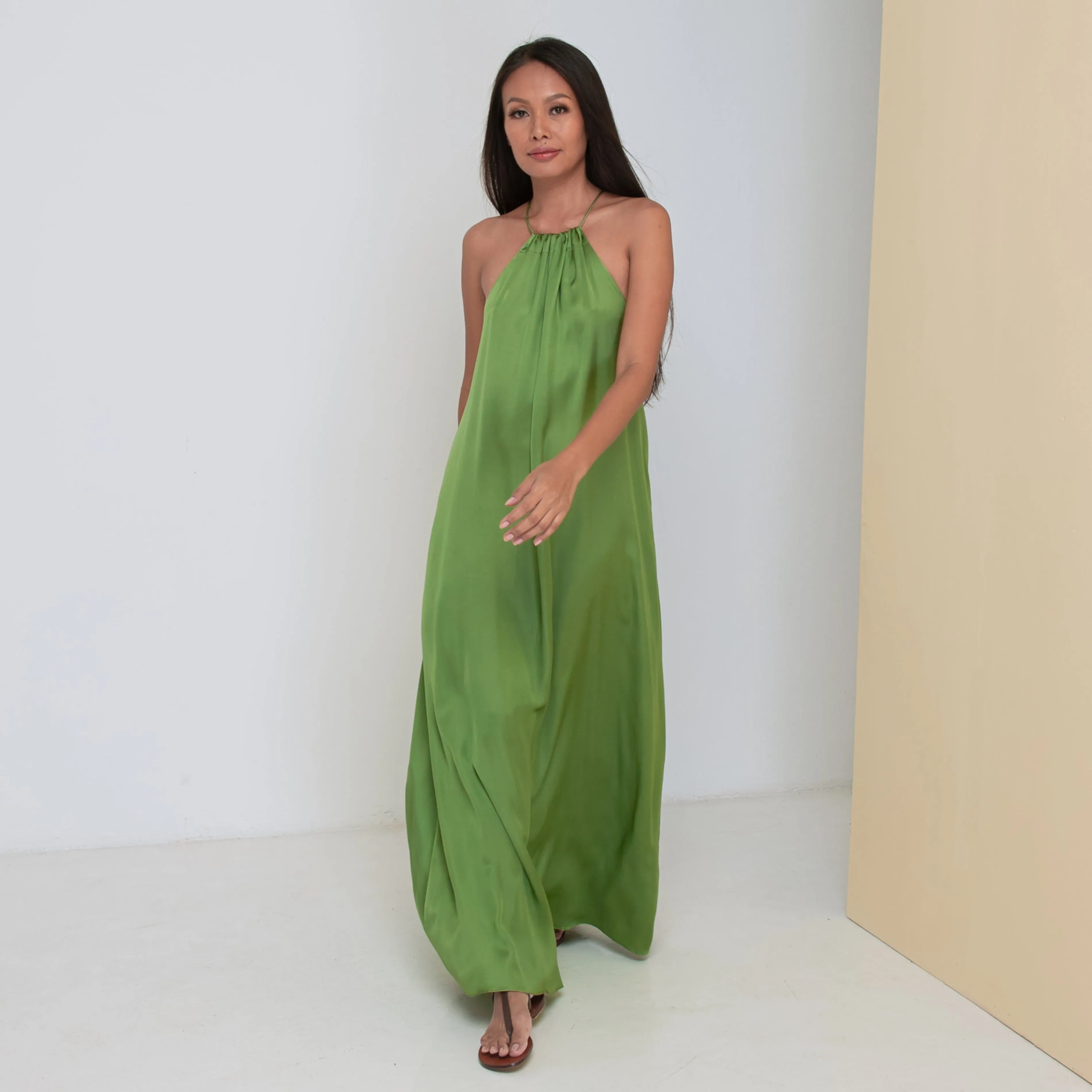 DEEP V LONG HALTER DRESS - Rayon Viscose Satin | Moss Green