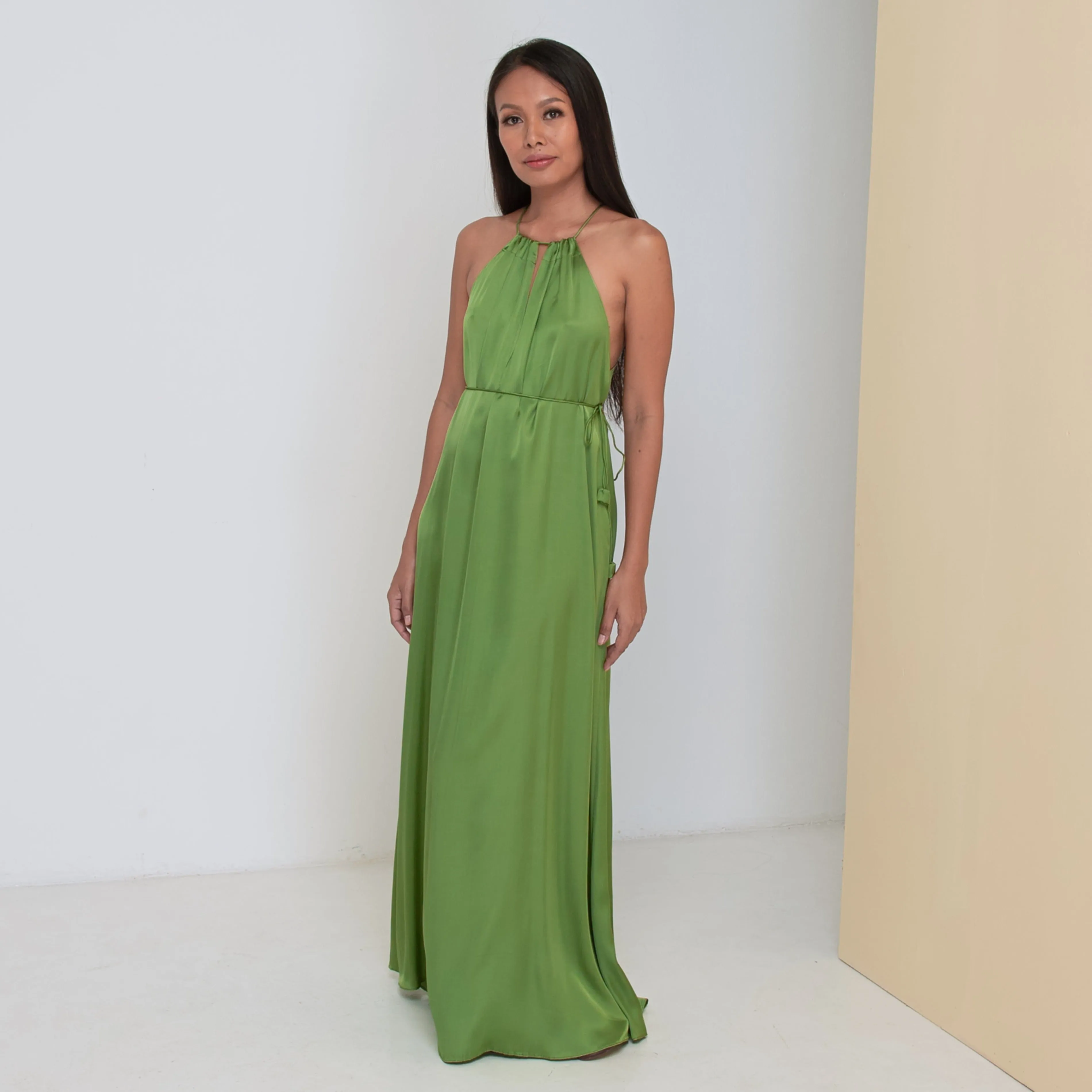 DEEP V LONG HALTER DRESS - Rayon Viscose Satin | Moss Green