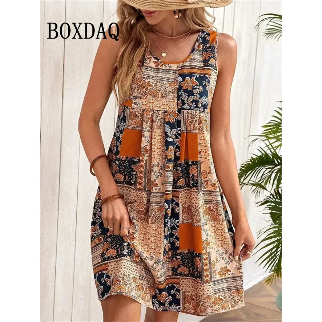 Ethnic Style Women's Sleeveless Geometry Plaid Print Summer Dress