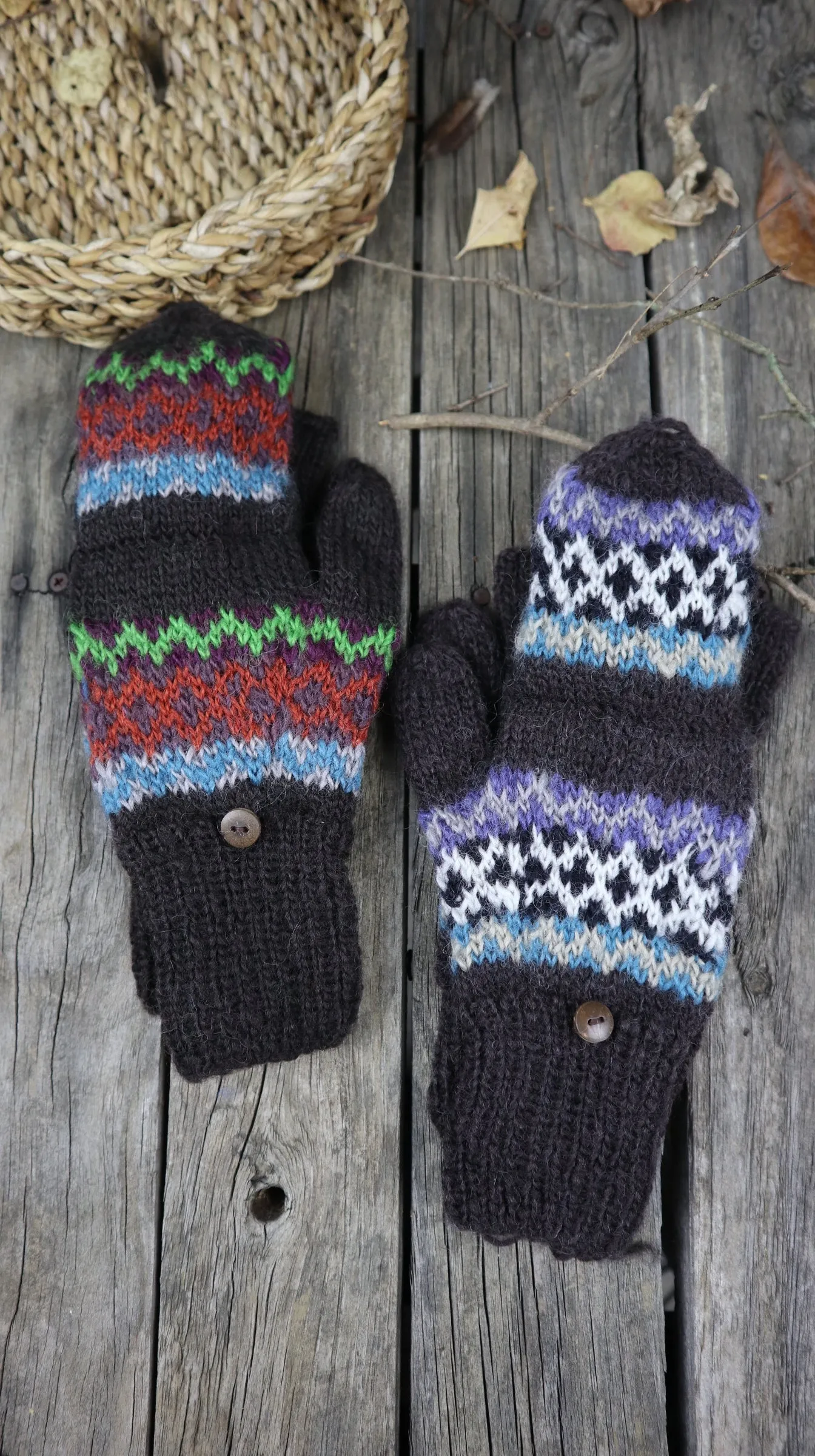 Fair Trade Ethical Adult Fingerless Gloves with Cap Patterned Design Browns