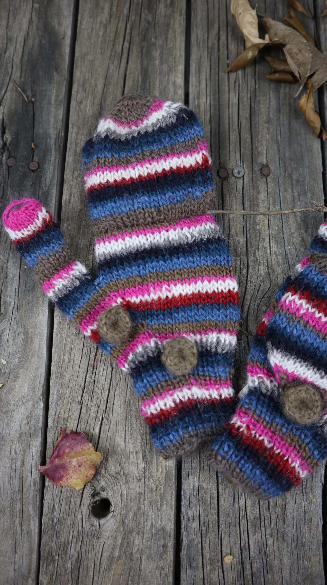 Fair Trade Ethical Children's Striped Fingerless Gloves with Cap in Pink, Brown and Black