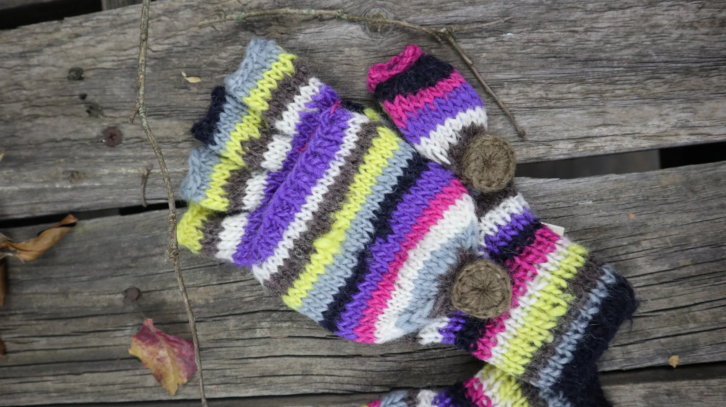 Fair Trade Ethical Children's Striped Fingerless Gloves with Cap in Pink Purple, Yellow and Grey