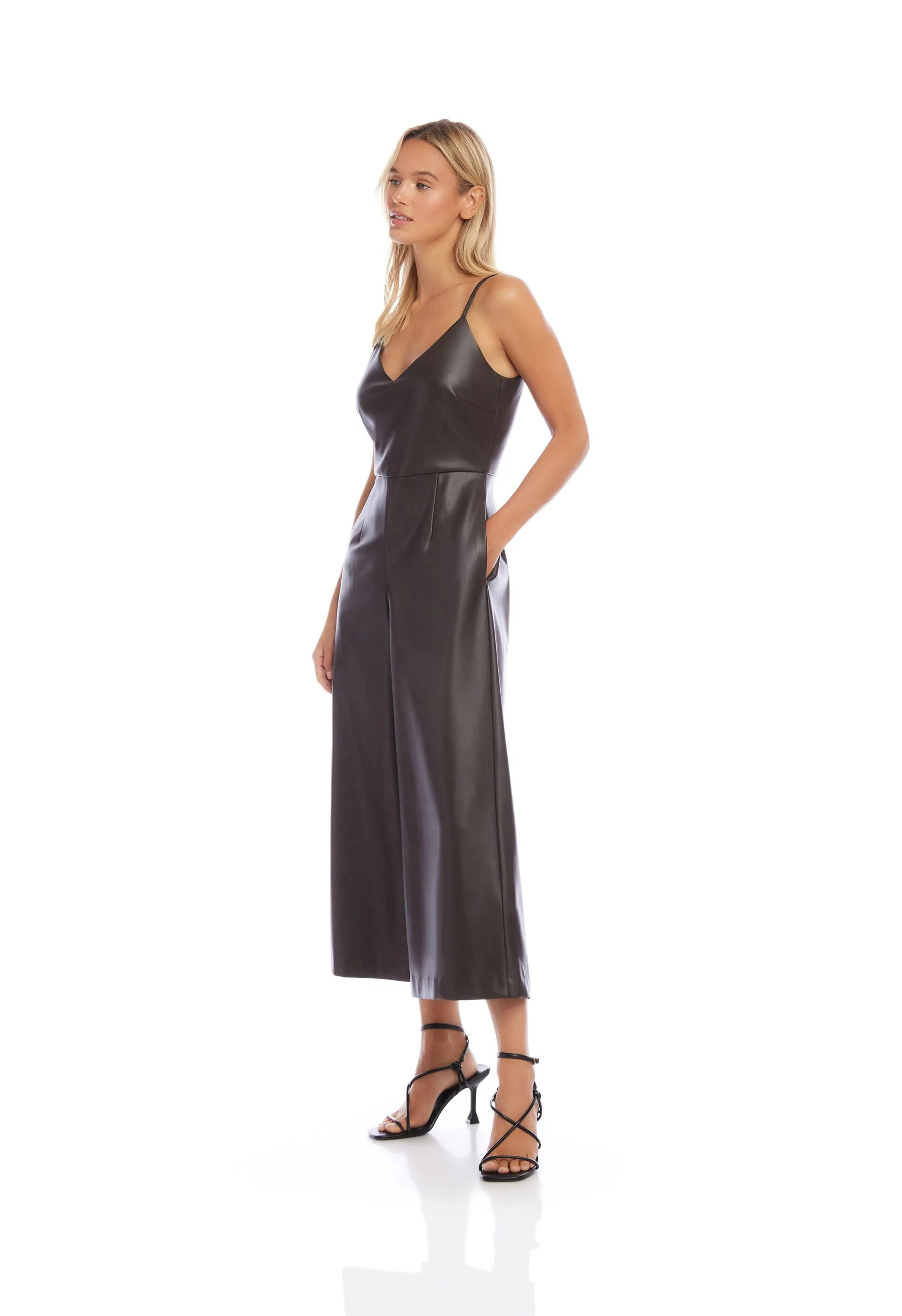 Faux Leather Jumpsuit in Brown