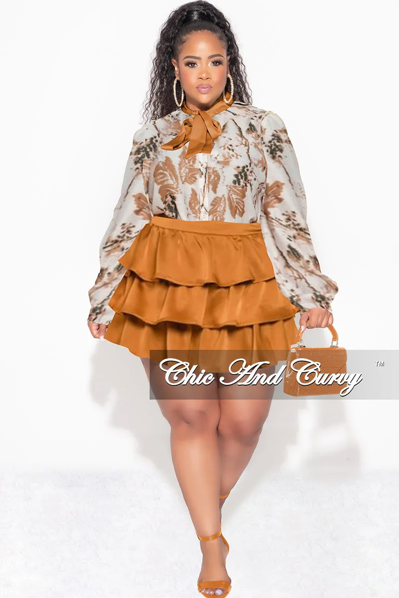 Final Sale Plus Size 2pc Set Button Up Collar Tie Top and Ruffle Layered Hem Mini Skirt in Rust