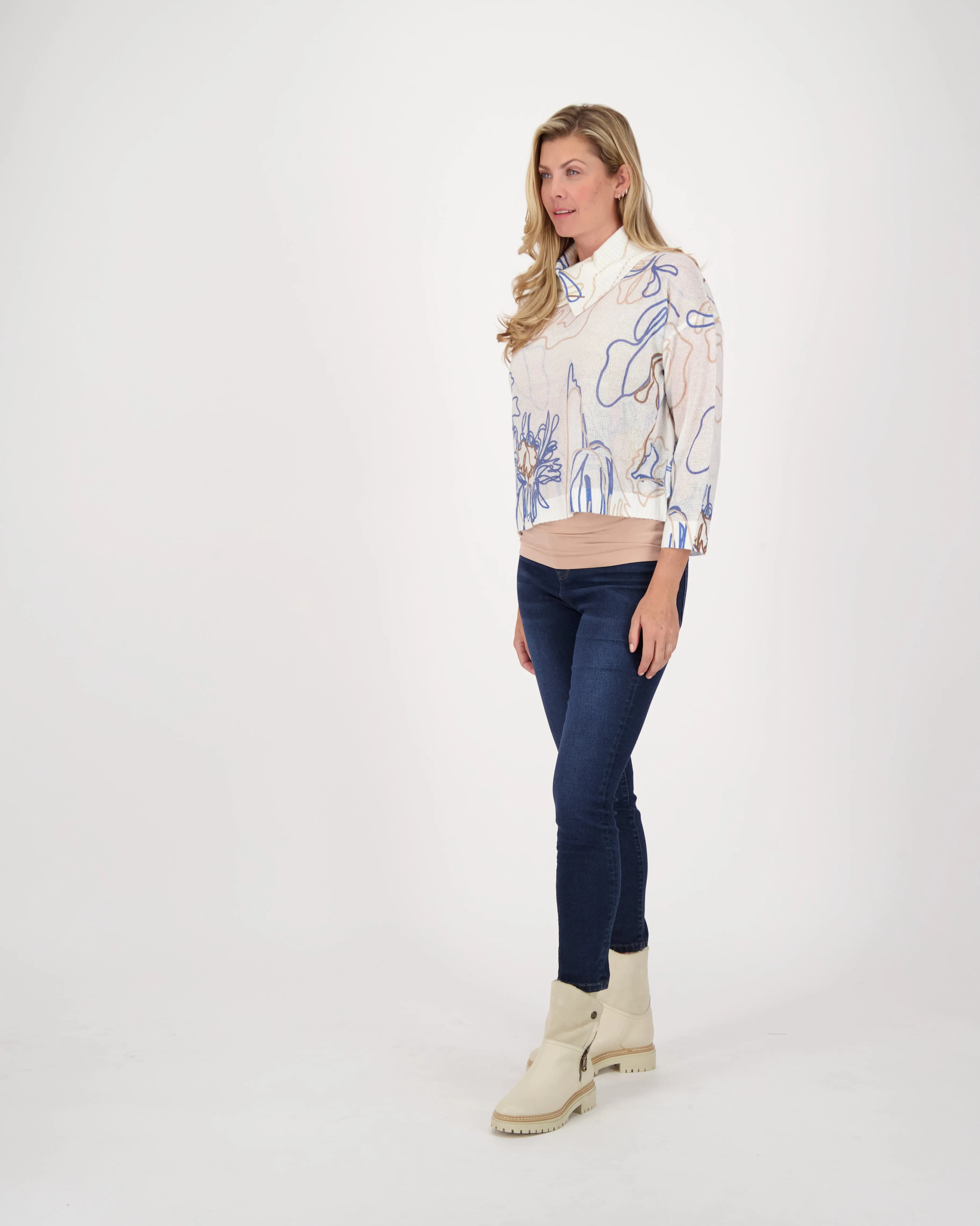 Flora Water Print Collared Sweater