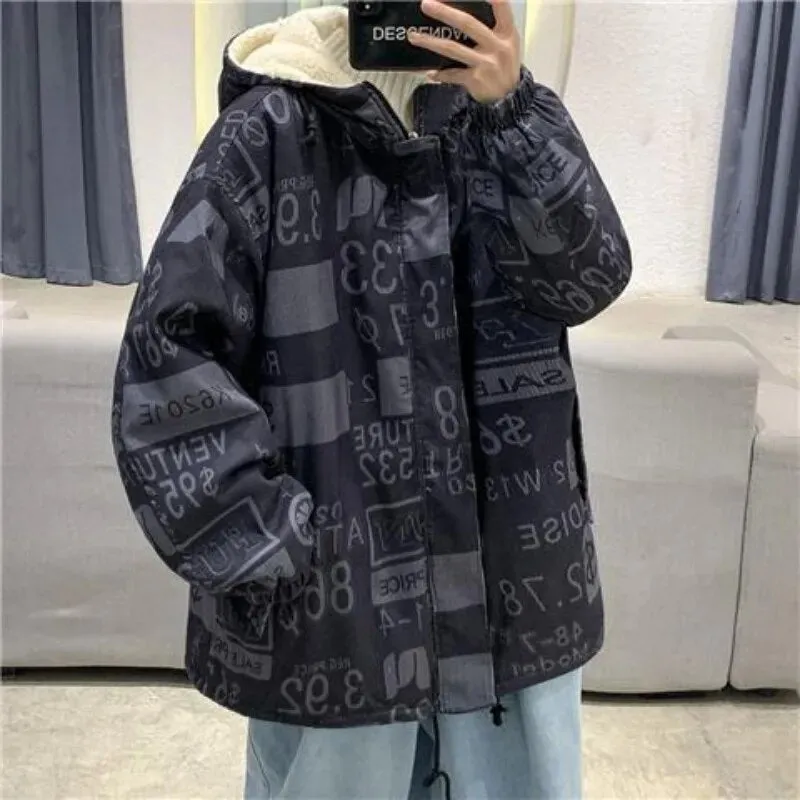 Foesce-Winter Preppy Hip Hop Padded Coat Men's Oversize Lamb Fleece Hooded Fleece Parkas Thickened Full Print Zipper Cotton Parkas