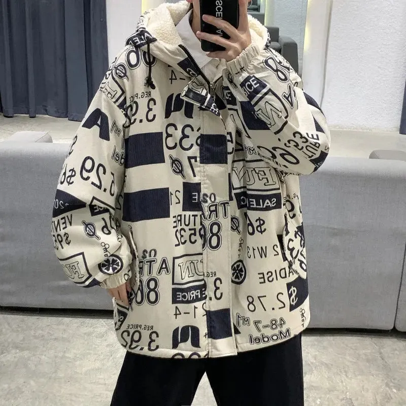 Foesce-Winter Preppy Hip Hop Padded Coat Men's Oversize Lamb Fleece Hooded Fleece Parkas Thickened Full Print Zipper Cotton Parkas