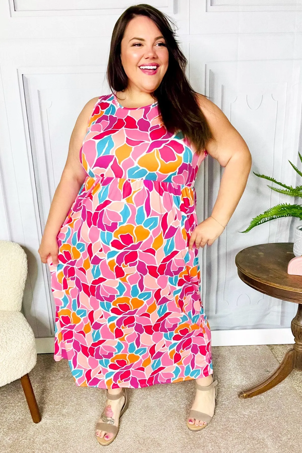 Fuchsia Abstract Floral Fit & Flare Maxi Dress