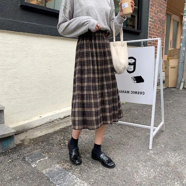 Girlary-shop teacher outfits Woolen Plaid Pleated Skirt Women's Autumn and Winter New Retro Skirt Versatile High Waist Slimming Mid-Length Pleated Skirt