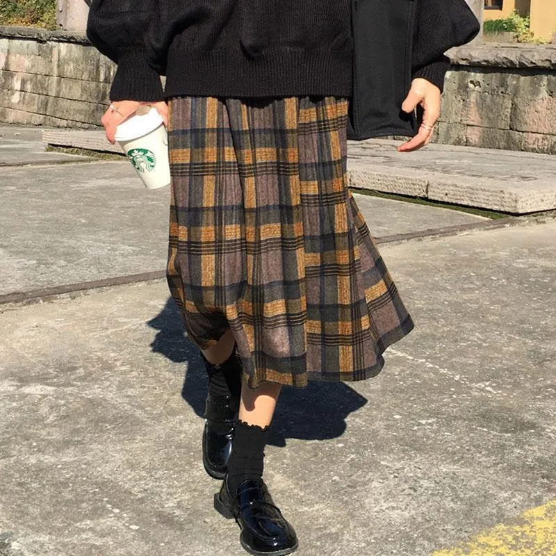 Girlary-shop teacher outfits Woolen Plaid Pleated Skirt Women's Autumn and Winter New Retro Skirt Versatile High Waist Slimming Mid-Length Pleated Skirt