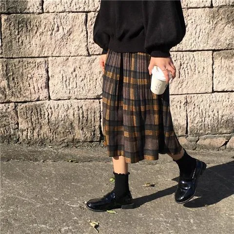 Girlary-shop teacher outfits Woolen Plaid Pleated Skirt Women's Autumn and Winter New Retro Skirt Versatile High Waist Slimming Mid-Length Pleated Skirt