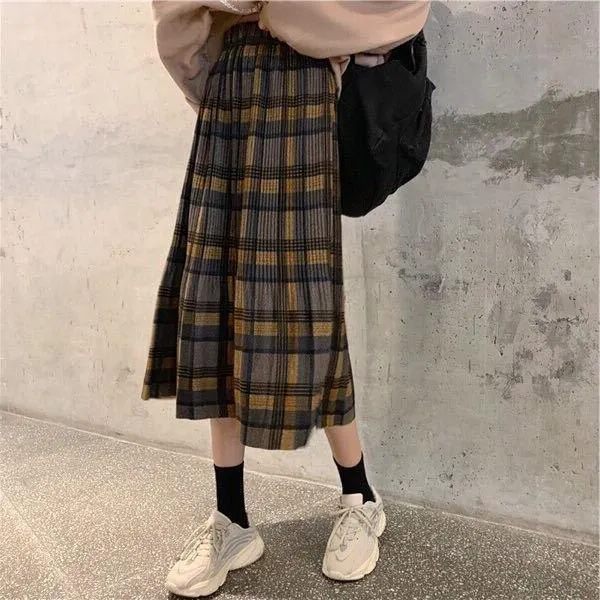 Girlary-shop teacher outfits Woolen Plaid Pleated Skirt Women's Autumn and Winter New Retro Skirt Versatile High Waist Slimming Mid-Length Pleated Skirt