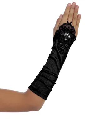 Girls Black Floral Embroidery Fingerless Long Special Occasion Gloves 4-14