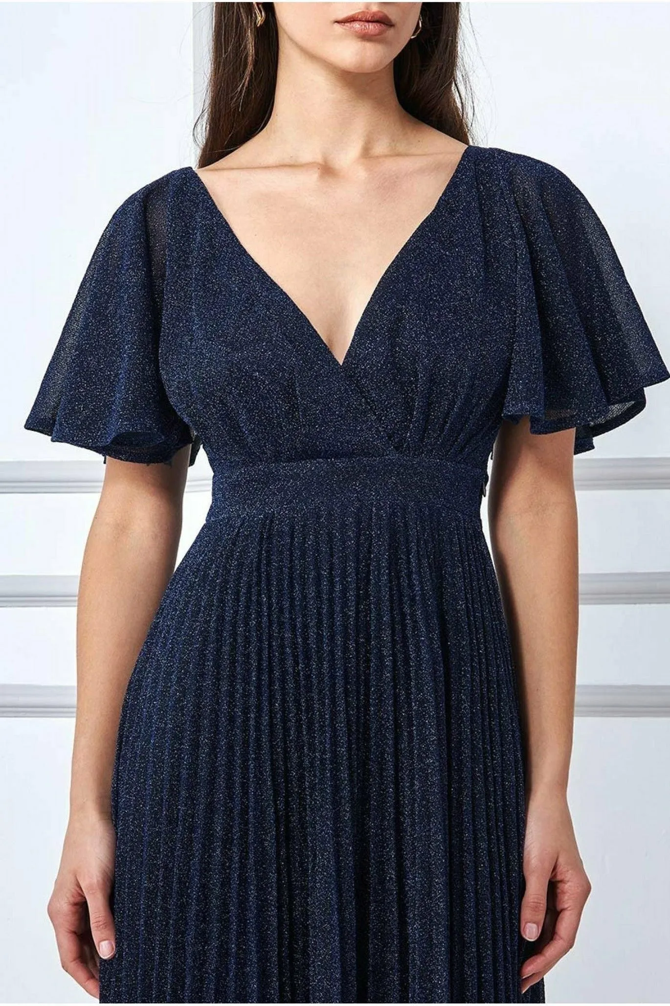 Goddiva Lurex Pleated Maxi Dress - Navy