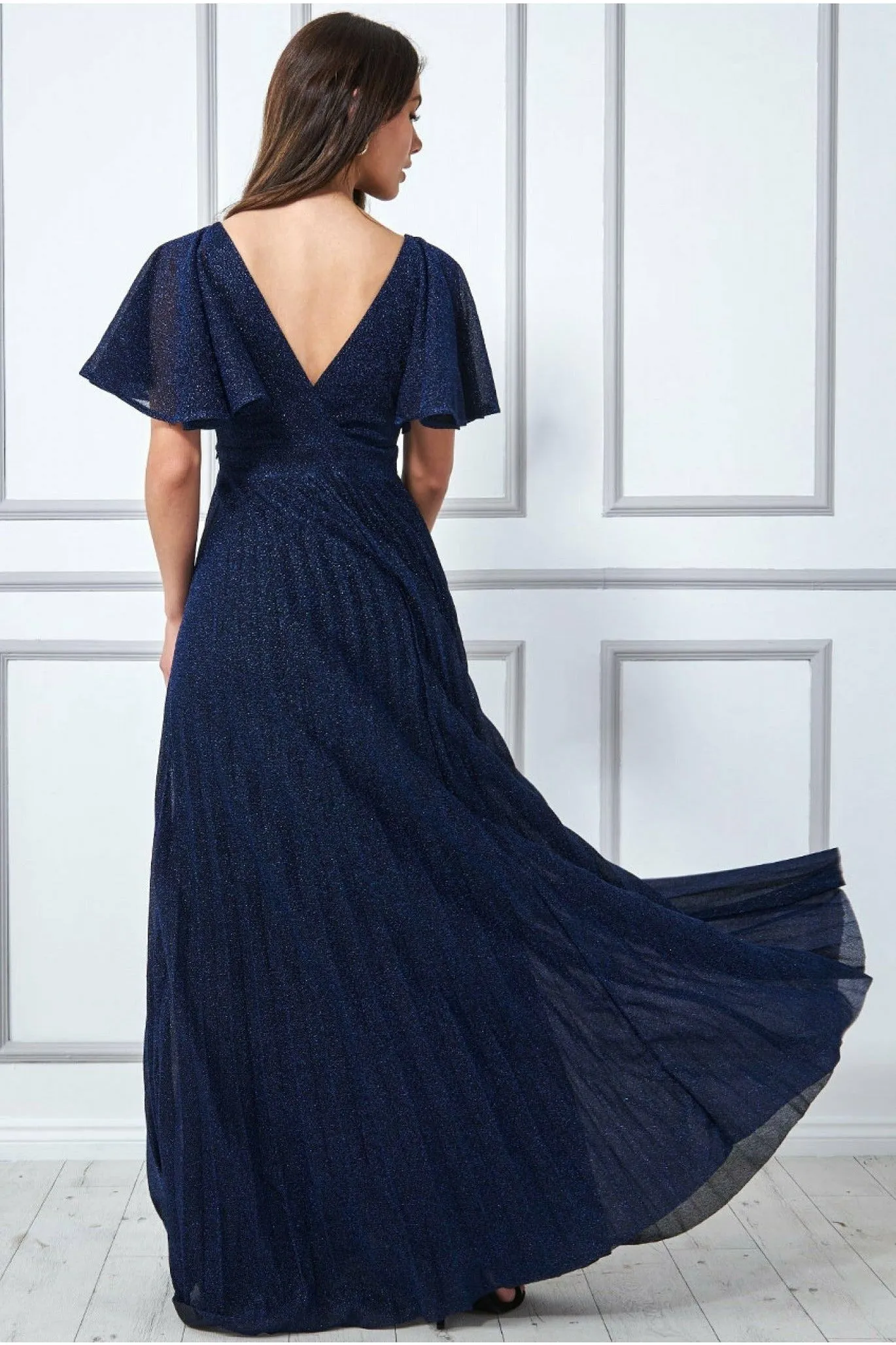 Goddiva Lurex Pleated Maxi Dress - Navy