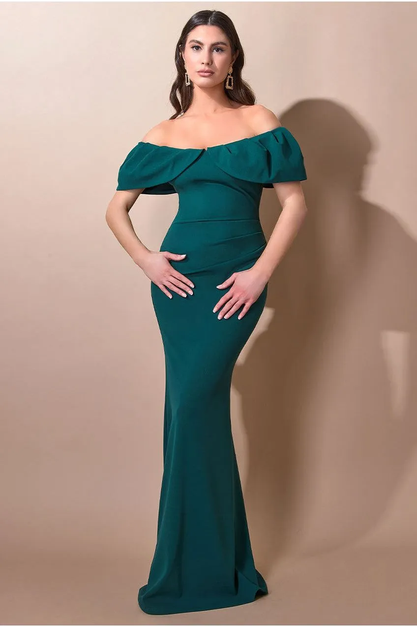 Goddiva Scuba Crepe Pleated Bardot Maxi - Emerald Green