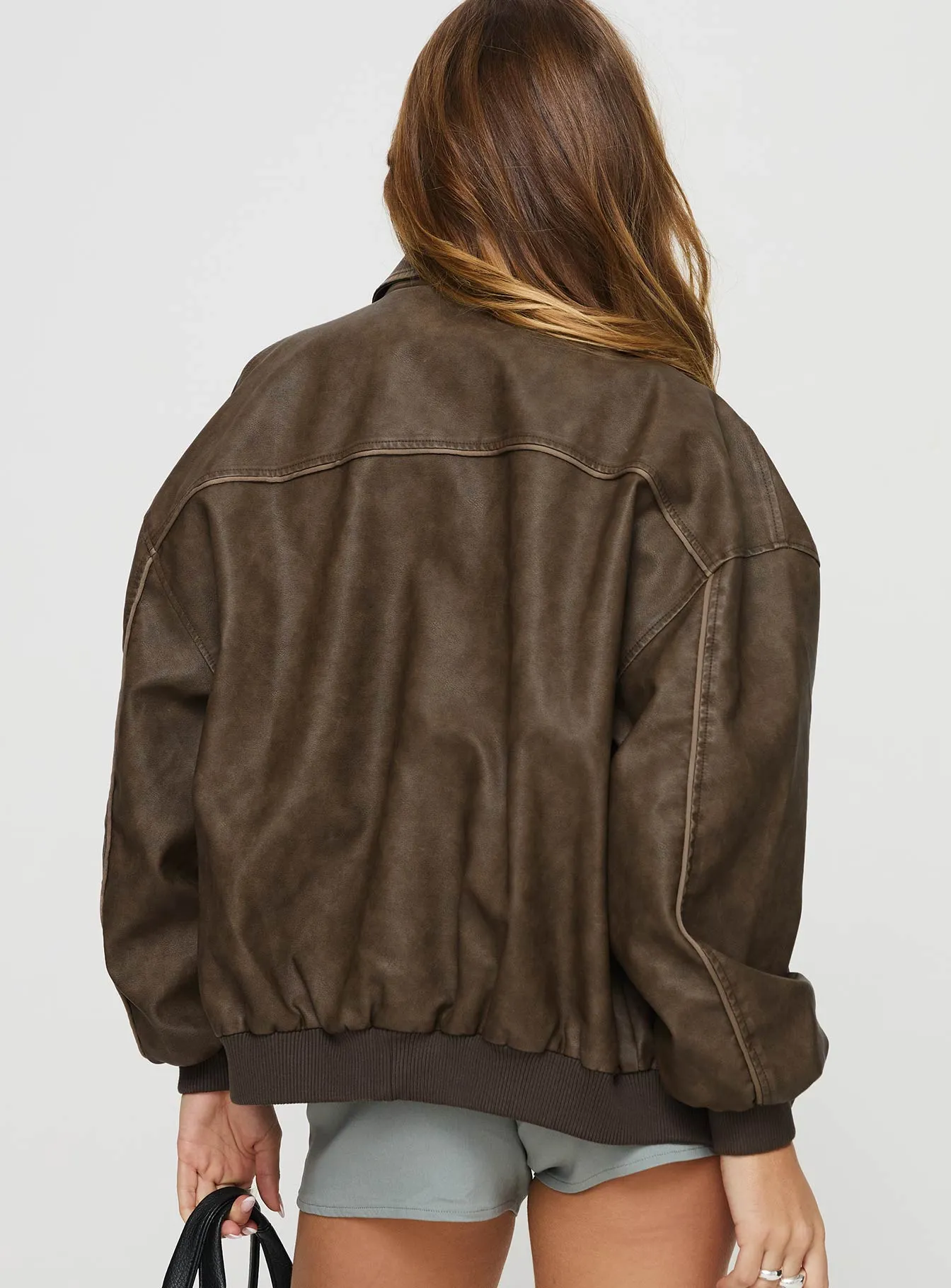 Goldsmith Faux Leather Bomber Jacket Washed Dark Brown