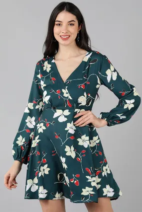 Green Polyester Floral Print Flared Mini Dress