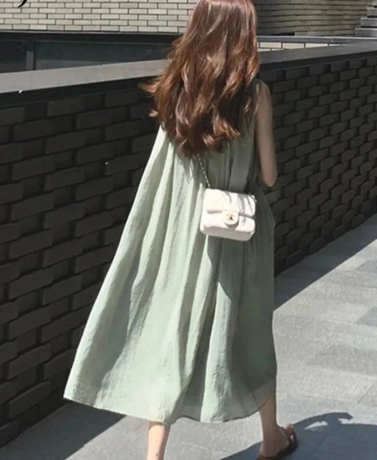 Green Sleeveless Pleated Women's Dresses Office Lady Pure Color O-neck Elegant Female Tank Dress Summer Casual Maxi Dress