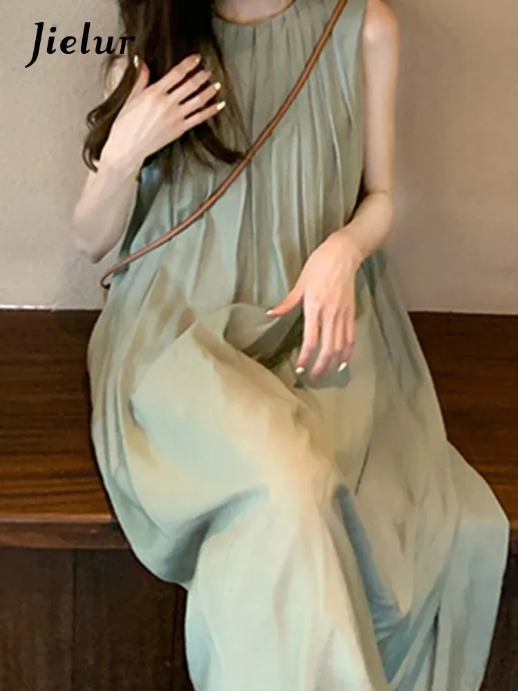 Green Sleeveless Pleated Women's Dresses Office Lady Pure Color O-neck Elegant Female Tank Dress Summer Casual Maxi Dress