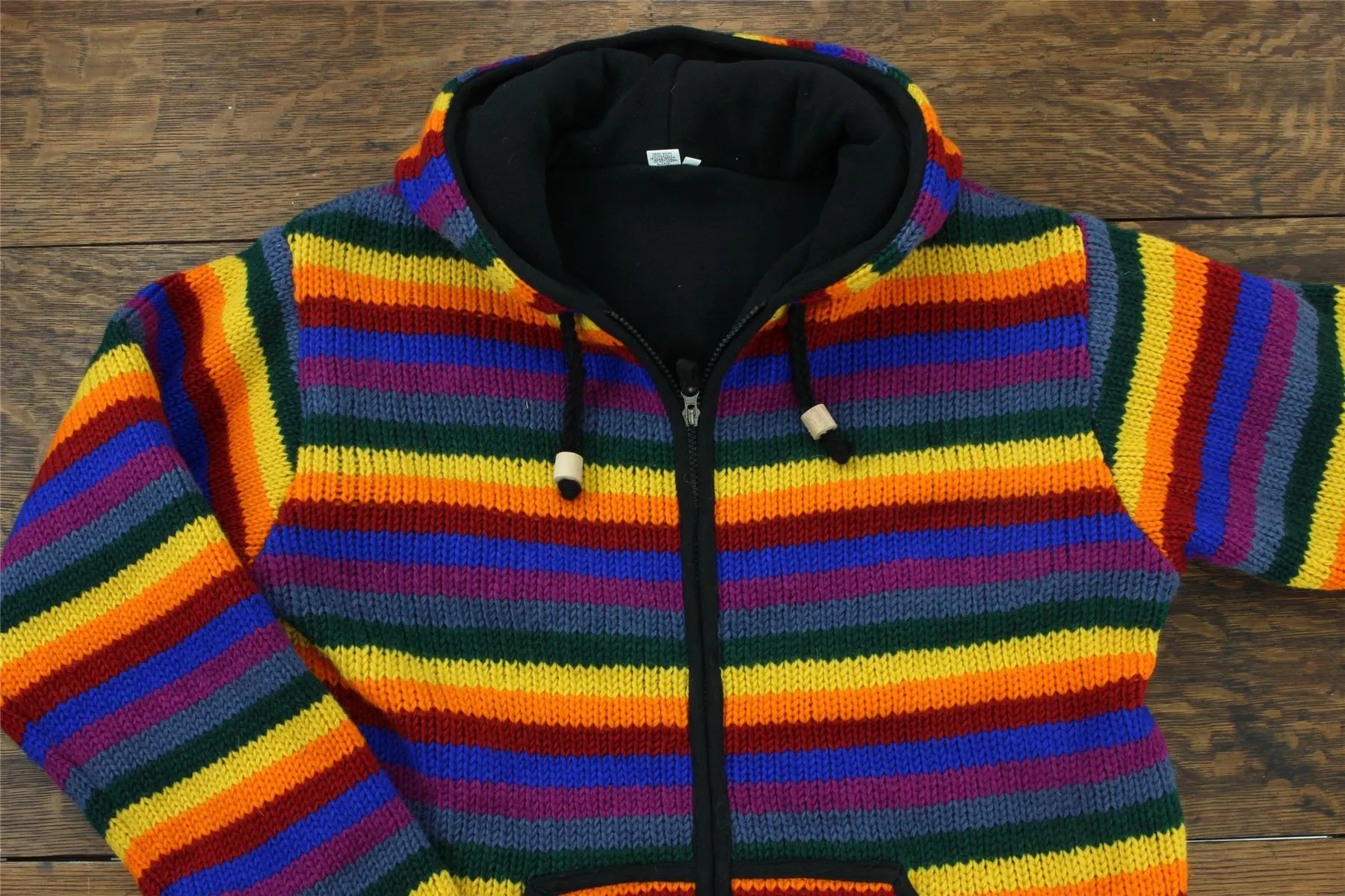 Hand Knitted Wool Hooded Jacket Cardigan - Stripe Rainbow Black Trim