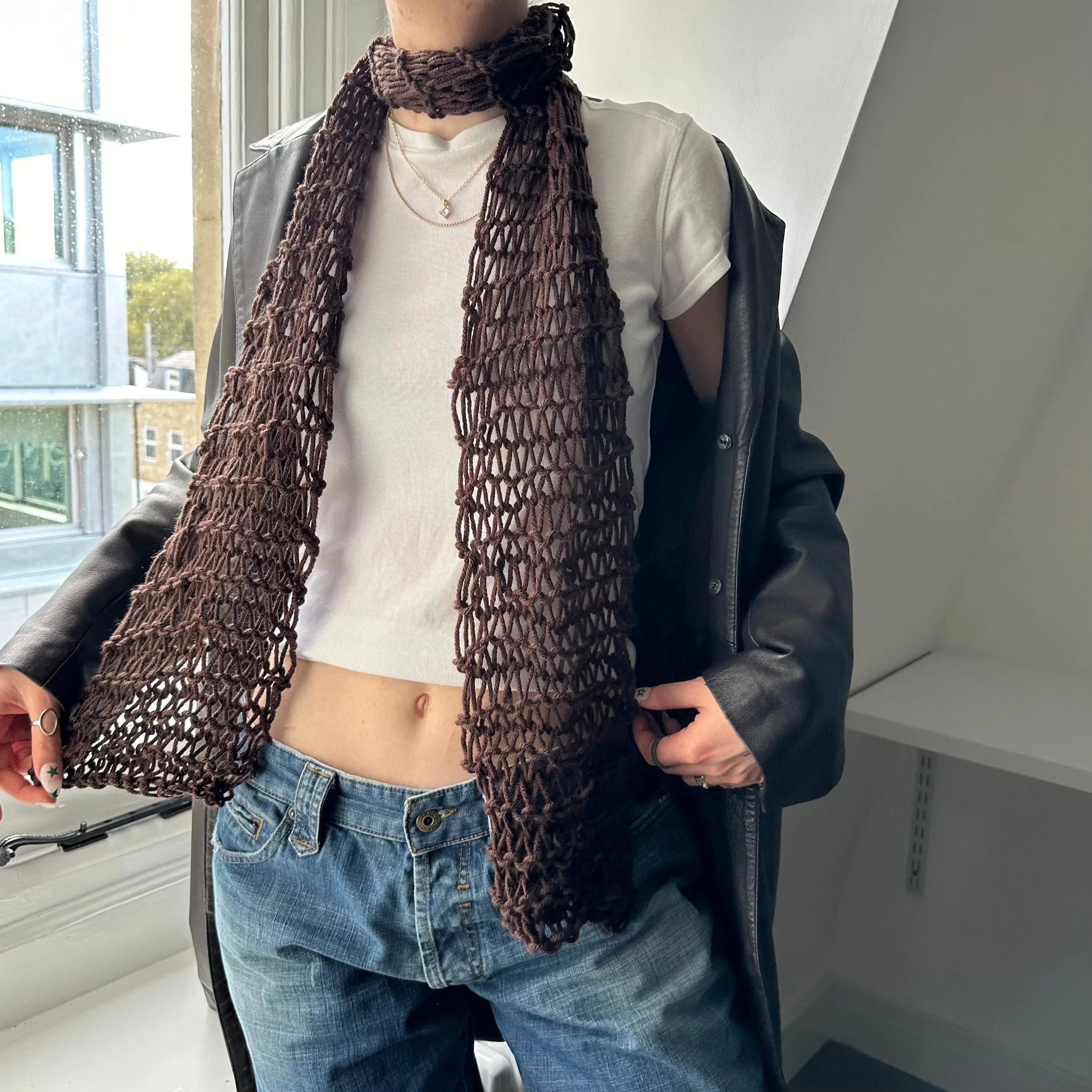 Handmade fishnet knitted scarf in brown