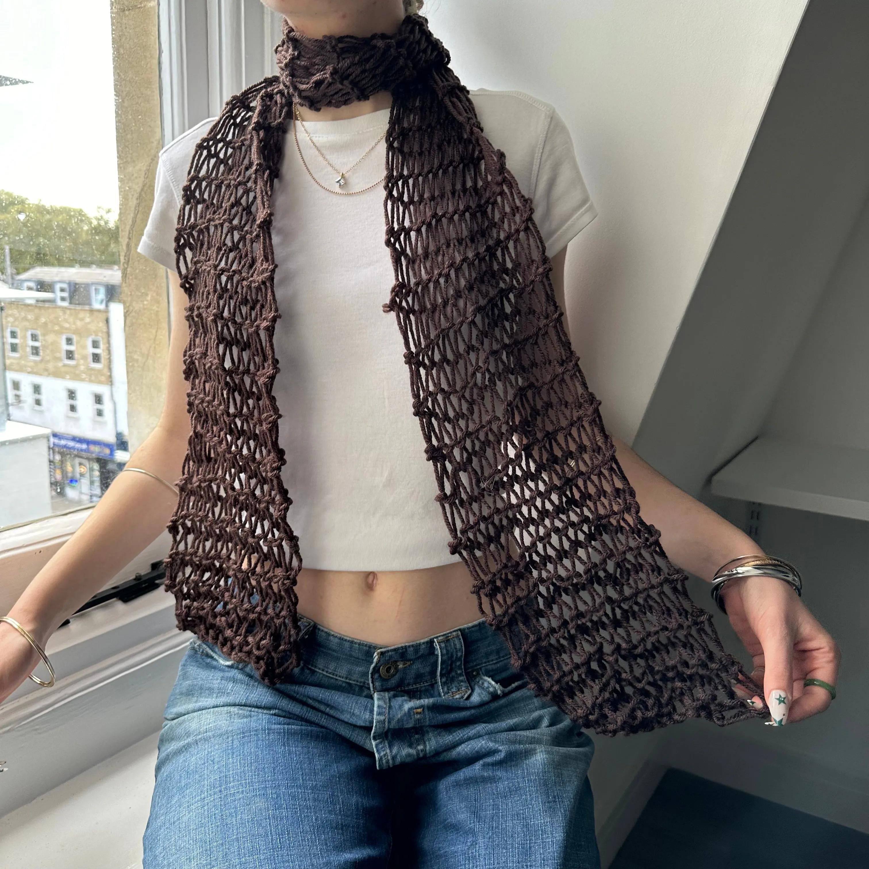 Handmade fishnet knitted scarf in brown