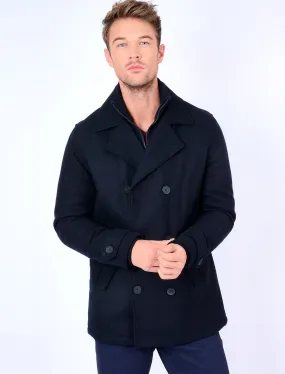 Hexacode Wool Blend Double Breasted Mock Insert Coat in Navy - Tokyo Laundry