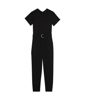 High Waisted Belted Cargo Jumpsuit - Black