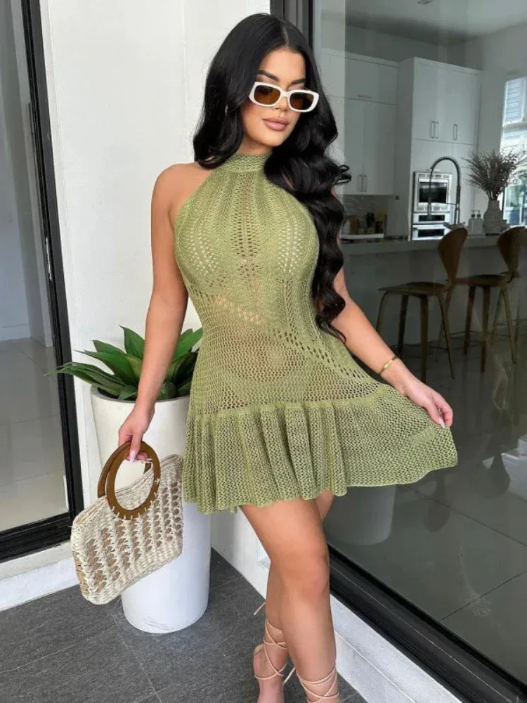 Hollow Knit Halter Mini Dresses White Crochet See Through Vacation Outfits for Women Cute Sexy Clubbing Dress C18-CZ15