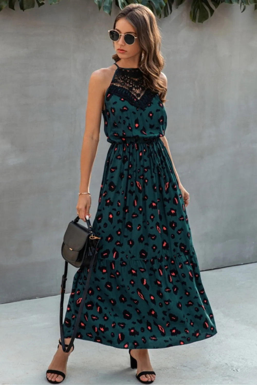 Hollow Lace Spliting Printed Dress