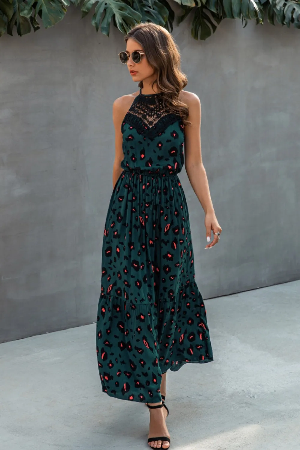 Hollow Lace Spliting Printed Dress