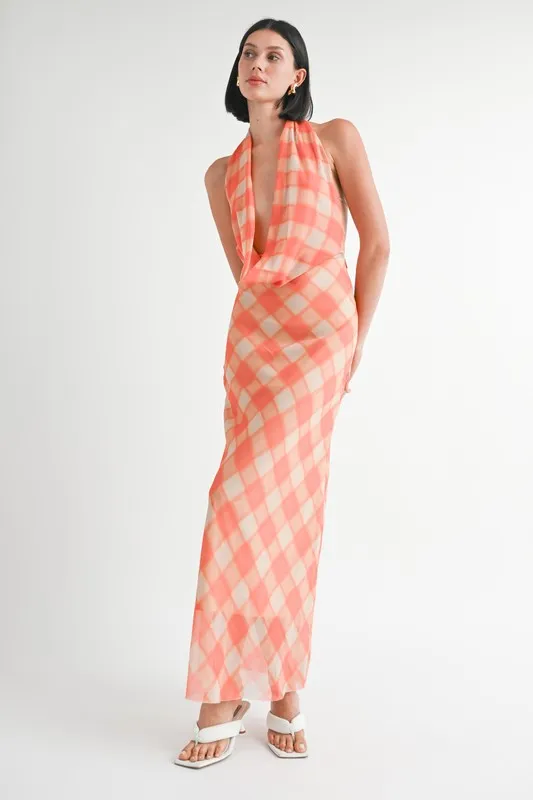 Hot Girl Gingham Glow Open Back Halter Satin Maxi Dress