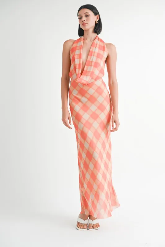 Hot Girl Gingham Glow Open Back Halter Satin Maxi Dress