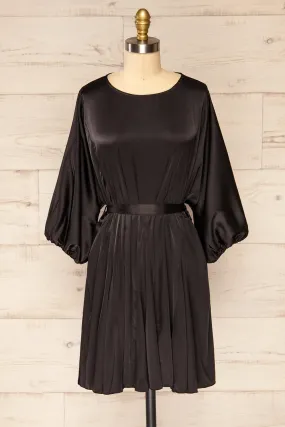 Isobel Black | Short Satin Dress w/ 3/4 Puff Sleeves