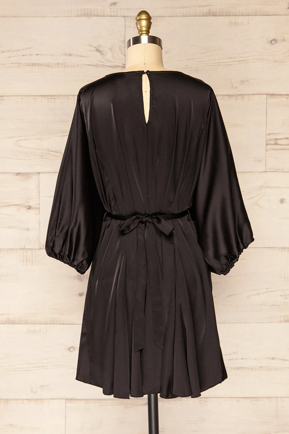 Isobel Black | Short Satin Dress w/ 3/4 Puff Sleeves